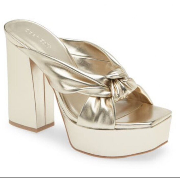OPEN EDIT Kaia Knot Platform Sandals 8.5 Gold Heel Slip On Glam Party - Picture 1 of 9